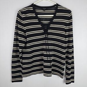 Akris Womens Cotton Silk Black Tan Striped Long Sleeve V Neck Lace Up Sweater 12